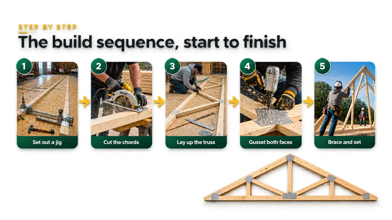 Build sequence: jig, cut chords, lay up, gusset both faces, then brace and set